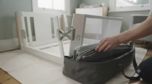 Illustrating the simple, tool-free assembly process of a swing crib.