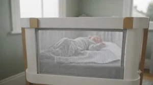 Measuring guide for the correct mattress size for a standard swing crib.
