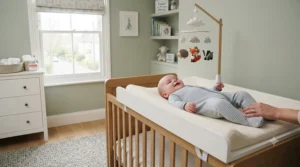 Wooden changer that fits securely on top of a standard cot in a modern nursery, offering a space-saving changing solution. changer that fits on top of cot