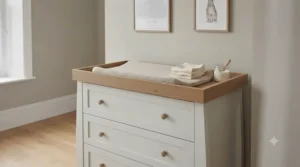 Chest of drawers with an integrated top changer, part of a coordinating 4-piece nursery furniture set.
