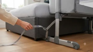 Close-up of the secure attachment straps and retractable feet for UK bed frames.