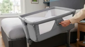 Chicco Next2Me Magic crib set to the 10-degree incline position to help with newborn congestion.