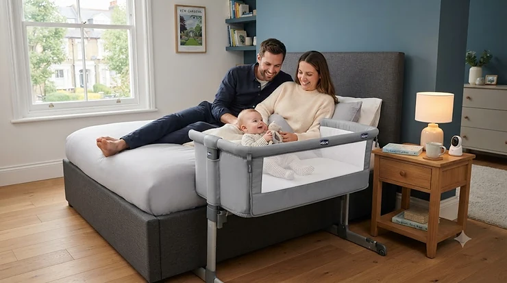 Chicco Next2Me Magic bedside crib setup beside an adult bed in a UK nursery. Chicco Next2Me Magic review