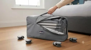 The Chicco Next2Me Magic showing its swivel wheels and included travel bag for easy transport.
