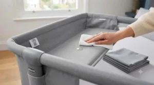 Showing the removable and machine-washable fabric covers of the Chicco Next2Me Magic.