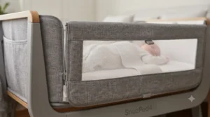 Close-up of the safest co-sleeping crib featuring breathable mesh sides for optimal airflow.