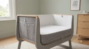 An ergonomic design view of a modern co-sleeping crib suited for a contemporary British nursery.