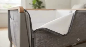 Demonstrating the removable and machine-washable lining of a high-quality co-sleeping crib.