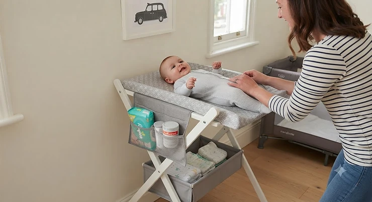 A compact folding changing table under £50 set up in a small nursery space to save room. changing table under £50