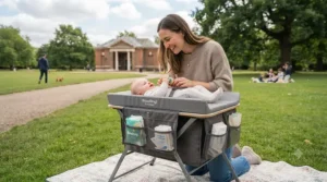 A parent using a lightweight folding travel changing table while out for the day in a British park.