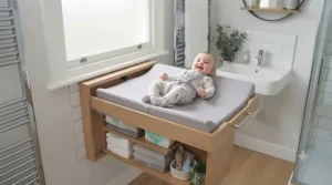 Compact wall-mounted nappy changing unit fitted efficiently in a narrow British en-suite bathroom.