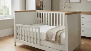 Wooden convertible cot bed included in a 4-piece nursery furniture set, styled for a modern child's bedroom.
