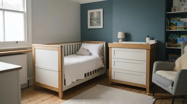 A stylish nursery featuring a matching cot bed and dresser set in a neutral wood finish. cot bed and dresser set