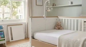A wooden cot bed partially converted into a toddler bed for growing children.