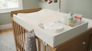 A cot top changer featuring handy side storage compartments to keep baby changing essentials within easy arm reach.