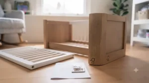 Flat-pack components for a modern baby cradle, highlighting an easy, tool-free assembly process.