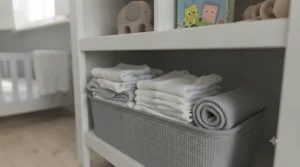 Ergonomically designed changing table with open storage shelves built at a comfortable height for daily use.