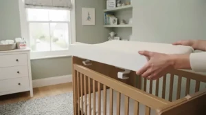 Parent using an ergonomic changer that fits on top of a cot, designed at a comfortable height for everyday nappy changes.
