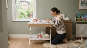 The British mother, wearing her striped jumper, kneeling comfortably and smiling at her baby on a height-adjustable changing table, demonstrating correct ergonomic posture.