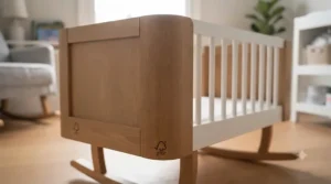 Detail view showing the ergonomic design and gentle rocking mechanism of a modern baby cradle.