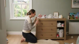 A fixed oak dresser in a nursery, currently used as a changing station with a mat and toiletries on top, illustrating its long-term use as a standard piece of furniture.
