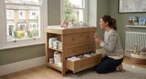 A traditional, fixed oak changing dresser featuring three large drawers and side shelving stocked with nappies, wipes, and a nappy bin, showing ample storage capacity.