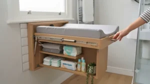 Smooth hydraulic fold-down mechanism on a wall-mounted changing table being opened in a compact family bathroom.