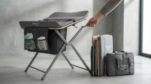 Step-by-step view demonstrating how easily the portable changing table folds down flat for storage in a car boot.