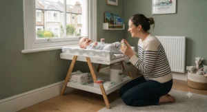 A close-up of a foldable wooden changing table set up in a compact London flat nursery, demonstrating its space-saving design against a sage green wall next to a sash window.