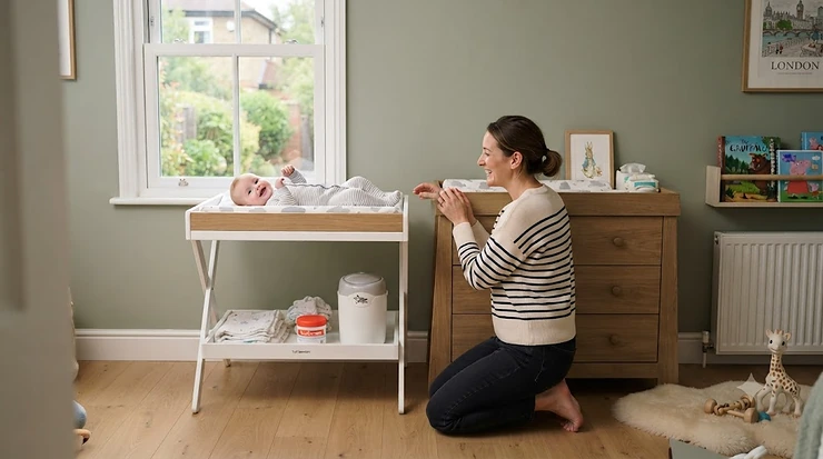 A candid side-by-side comparison in a modern British nursery, featuring a compact foldable changing table on the left with a baby, and a sturdy wooden fixed changing dresser on the right, with the mother kneeling between them. foldable changing table vs fixed changing table
