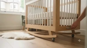A lightweight rocking crib with castors, demonstrating how easily it can be moved between rooms in a family home.