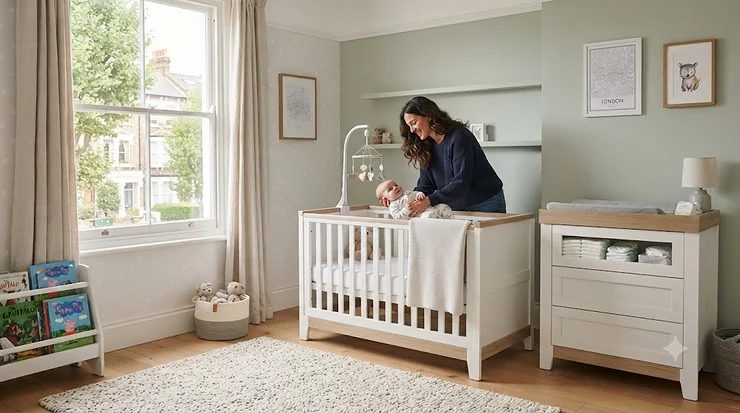 Stylish 2 piece nursery furniture set featuring a white cot bed and matching dresser changer. 2 piece nursery furniture sets