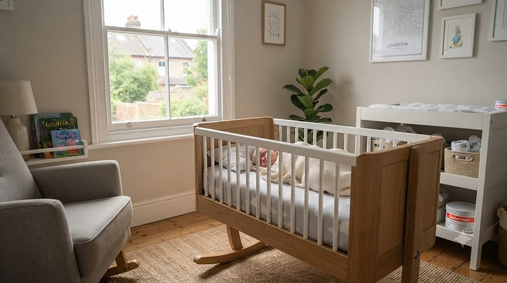 A stylish, modern baby cradle placed in a minimalist nursery, demonstrating contemporary interior design. modern baby cradle