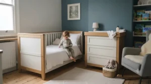 A bright, modern nursery room interior displaying the complete cot bed and dresser set.
