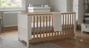 Close-up of a modern wooden cot bed in a bright, photorealistic British nursery setting with neutral decor.