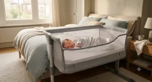 Baby sleeping soundly in a next to me crib securely attached to the side of a parent's bed.