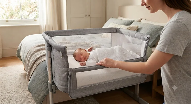 A next to me crib with the drop-down side open for easy access during night-time feeds. next to me cribs