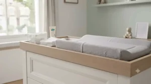A baby changing mat securely placed on top of a wooden nursery dresser changer.