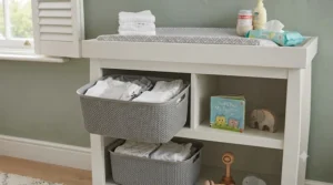 Close-up of storage shelves on a baby changing unit organised with wicker storage baskets and baby essentials.