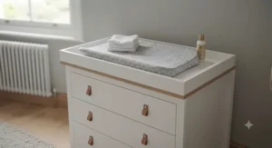 A detailed view of a contemporary nursery changing unit with drawers, styled in a clean, photorealistic interior.