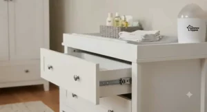 Coordinated nursery dresser changer with storage drawers.