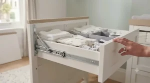 Open dresser drawers showing organised baby clothes and nursery essentials.