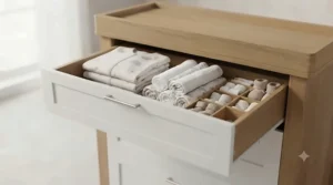 A tidy nursery dresser with baby clothes and essentials organised in the drawers.
