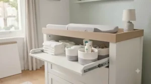 White nursery dresser with a removable changing top and three storage drawers.