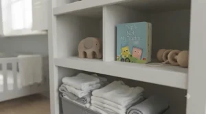 Parent reaching for baby products from the storage shelves of a wooden nursery changing unit.