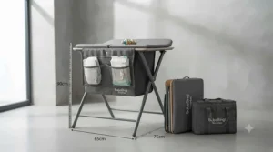 Infographic showing the height and folded dimensions of the travel changing table compared to standard nursery furniture.