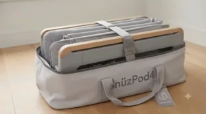 A lightweight, portable co-sleeping crib being folded for travel or storage.
