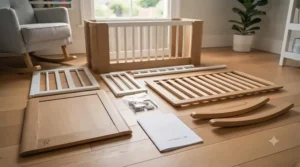 A parent moving a lightweight, portable modern baby cradle between rooms in a family home.