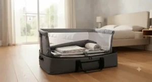 Compact next to me crib partially folded into its travel bag for portability.