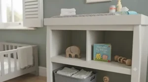 Safe baby changer with raised safety edges and a cushioned mat, paired with accessible lower shelves.